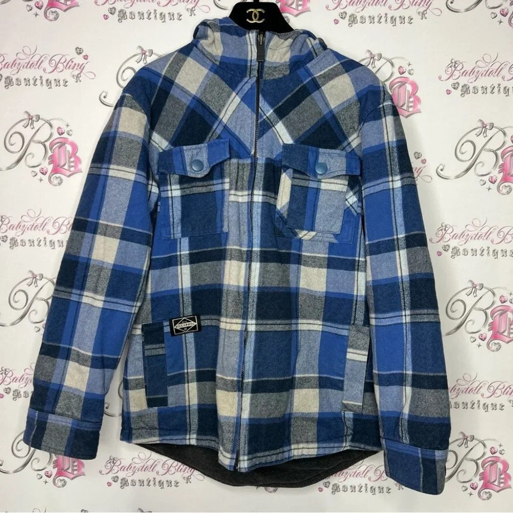 Billabong reversible coat jacket plaid fleece grey blue warm cozy sweater